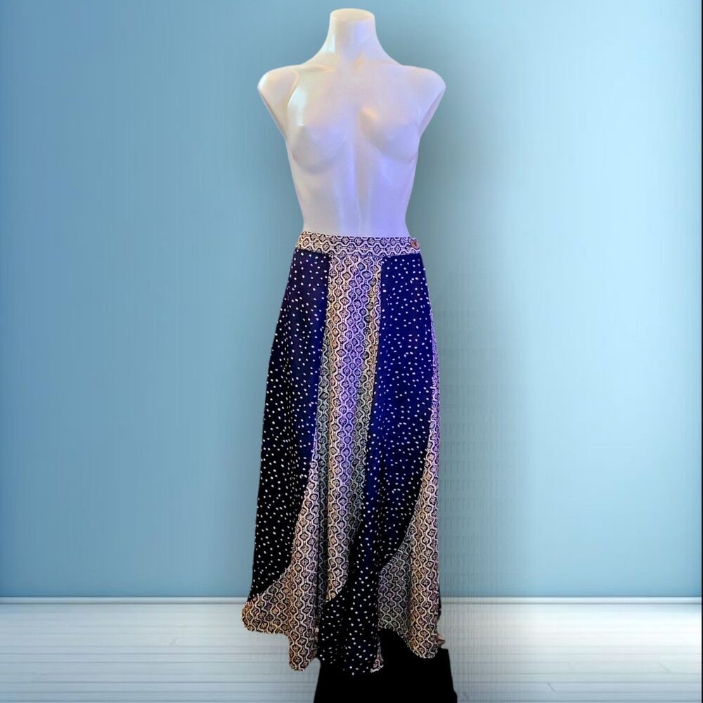 True Vintage Chaus Mixed Print Panel Maxi Skirt Rayon Polka Dot Boho Small